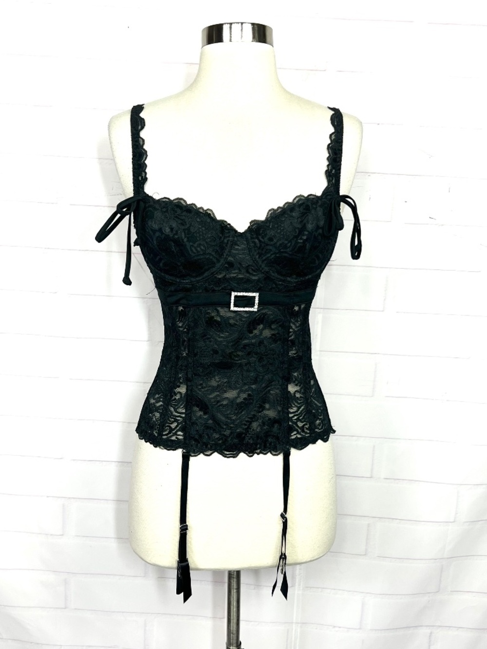 RHONDA SHEAR • Black Lace Bustier Corset Garter Top Rhinestone Buckle Goth Pinup
